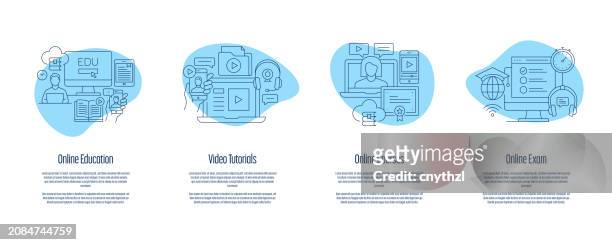 online education, video tutorials, online courses, online exam onboarding app screens vector illustration - learning interface video button stock illustrations