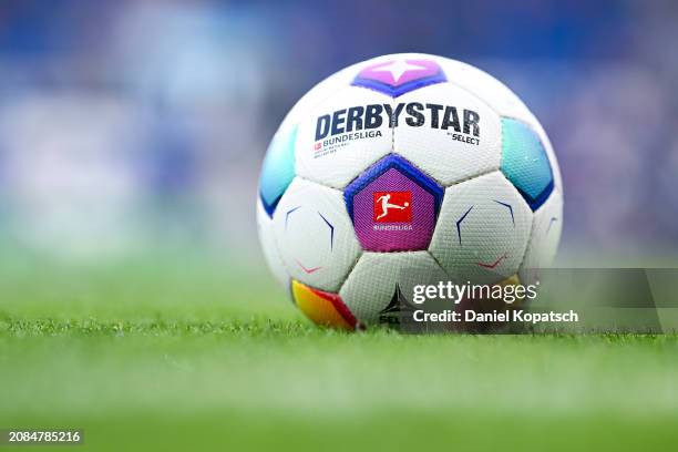 The Bundesliga logo is seen on the Derbystar Brillant APS 2023 Official Match Ball prior to the Bundesliga match between TSG Hoffenheim and VfB...