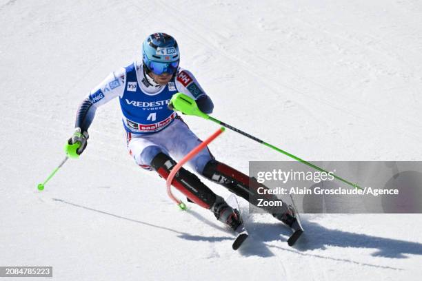 Timon Haugan of Team Norway in action during the Audi FIS Alpine Ski World Cup Finals Men's Slalom on March 17, 2024 in Saalbach Austria.