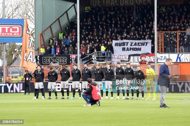 The stadium holds a minute's silence for Ramon Visser during the Dutch Eredivisie match between FC Volendam and AZ Alkmaar at the Kras stadium on...