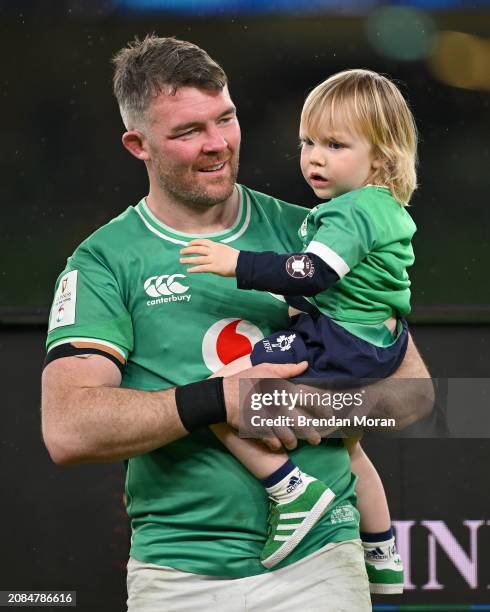 Dublin , Ireland - 16 March 2024; Peter O'Mahony of Ireland with his son Ralph after the Guinness Six Nations Rugby Championship match between...