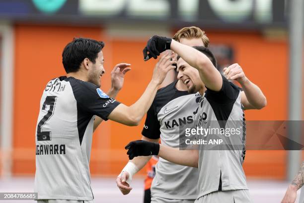 Yukinari Sugawara of AZ Alkmaar celebrates the 0-2 during the Dutch Eredivisie match between FC Volendam and AZ Alkmaar at the Kras stadium on March...
