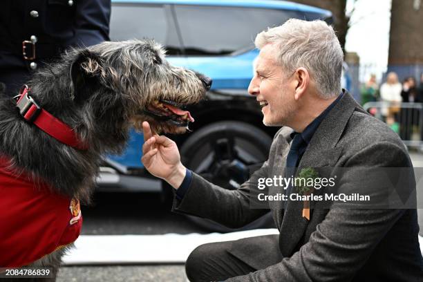 Patrick Kielty, Grand Master of the parade meets Irish wolfhound Ruari from the Dublin fire service as they prepare to take part in the St. Patrick's...