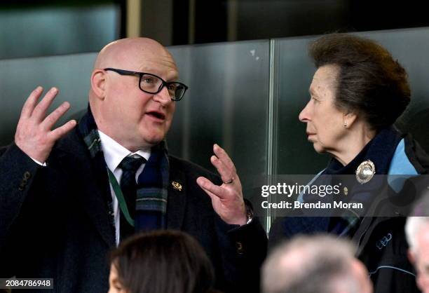Dublin , Ireland - 16 March 2024; Princess Anne, the Princess Royal, with President of the Scottish Rugby Union Colin Rigby before the Guinness Six...