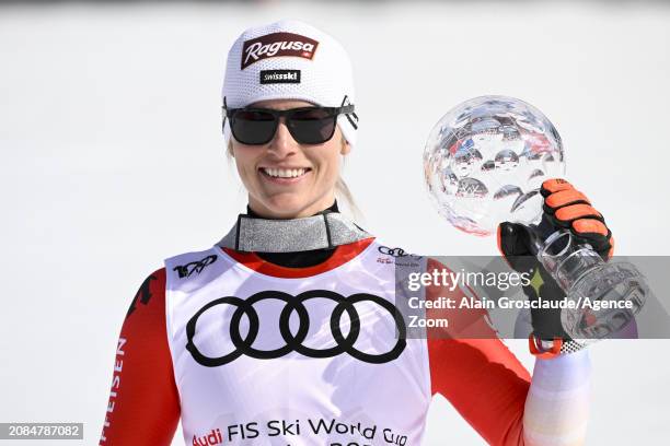 Lara Gut-behrami of Team Switzerland wins the globe in the overall standings during the Audi FIS Alpine Ski World Cup Finals Women's Giant Slalom on...