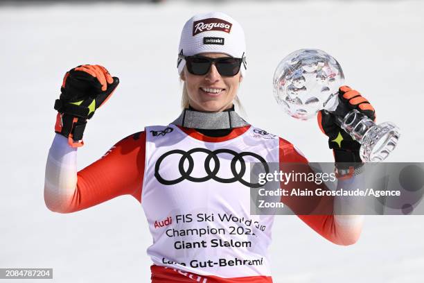 Lara Gut-behrami of Team Switzerland wins the globe in the overall standings during the Audi FIS Alpine Ski World Cup Finals Women's Giant Slalom on...