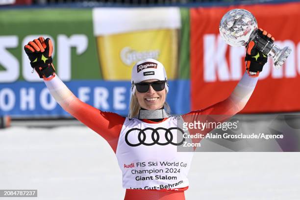 Lara Gut-behrami of Team Switzerland wins the globe in the overall standings during the Audi FIS Alpine Ski World Cup Finals Women's Giant Slalom on...