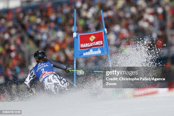 Alice Robinson of Team New Zealand in action during the Audi FIS Alpine Ski World Cup Finals Women's Giant Slalom on March 17, 2024 in Saalbach...