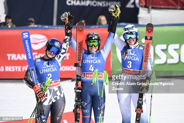 Alice Robinson of Team New Zealand takes 2nd place, Federica Brignone of Team Italy takes 1st place, Thea Louise Stjernesund of Team Norway takes 3rd...