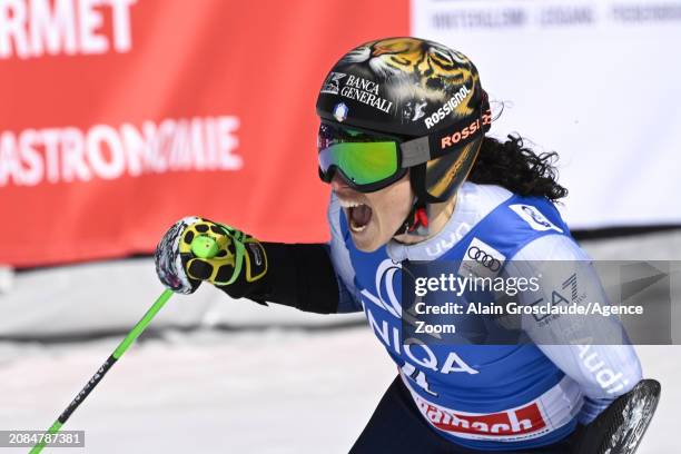 Federica Brignone of Team Italy celebrates during the Audi FIS Alpine Ski World Cup Finals Women's Giant Slalom on March 17, 2024 in Saalbach Austria.