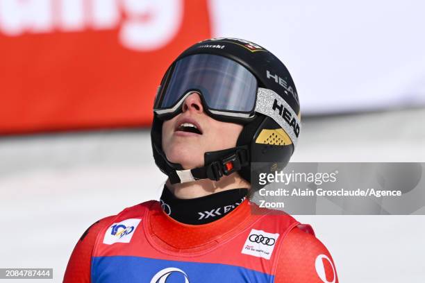 Lara Gut-behrami of Team Switzerland reacts during the Audi FIS Alpine Ski World Cup Finals Women's Giant Slalom on March 17, 2024 in Saalbach...