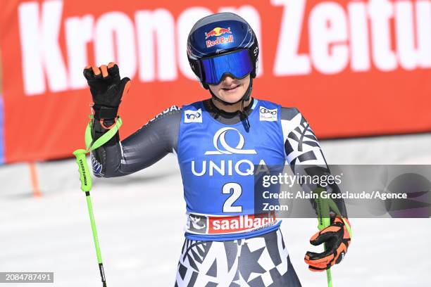 Alice Robinson of Team New Zealand celebrates during the Audi FIS Alpine Ski World Cup Finals Women's Giant Slalom on March 17, 2024 in Saalbach...