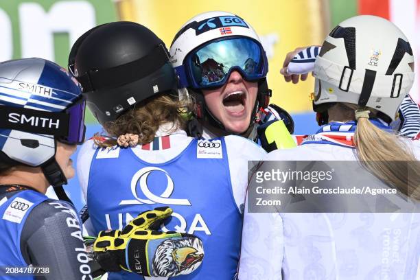 Thea Louise Stjernesund of Team Norway celebrates during the Audi FIS Alpine Ski World Cup Finals Women's Giant Slalom on March 17, 2024 in Saalbach...
