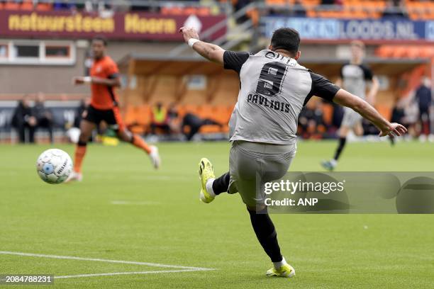 Vangelis Pavlidis of AZ Alkmaar scores the 0-3 during the Dutch Eredivisie match between FC Volendam and AZ Alkmaar at the Kras stadium on March 17,...