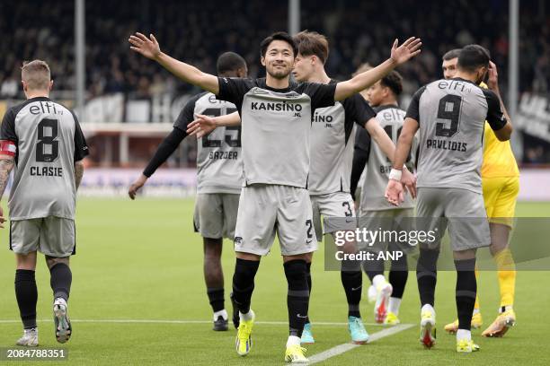 Yukinari Sugawara of AZ Alkmaar celebrates the 0-4 during the Dutch Eredivisie match between FC Volendam and AZ Alkmaar at the Kras stadium on March...