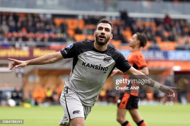 Vangelis Pavlidis of AZ Alkmaar celebrates the 0-3 during the Dutch Eredivisie match between FC Volendam and AZ Alkmaar at the Kras stadium on March...