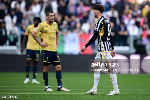 Juventus' Serbian forward Dusan Vlahovic at the end during the Italian Serie A football match between Juventus and Genoa at the Allianz Stadium in...