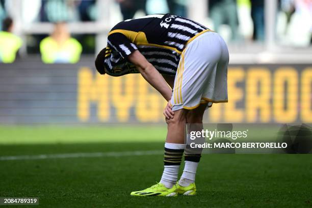 Juventus Turkish forward Kenan Yildiz reacts at the end during the Italian Serie A football match between Juventus and Genoa at the Allianz Stadium...