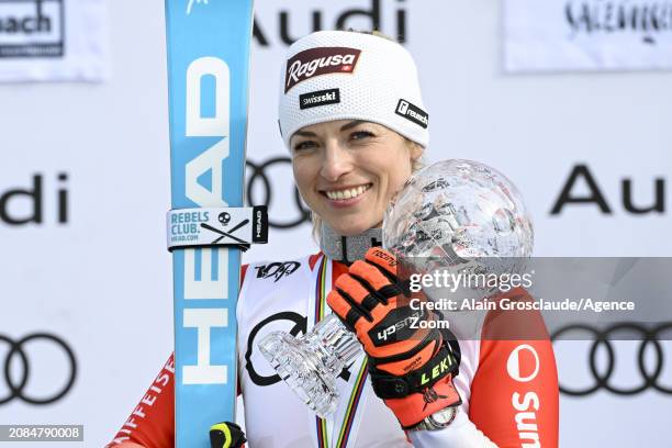 Lara Gut-behrami of Team Switzerland wins the globe in the overall standings during the Audi FIS Alpine Ski World Cup Finals Women's Giant Slalom on...