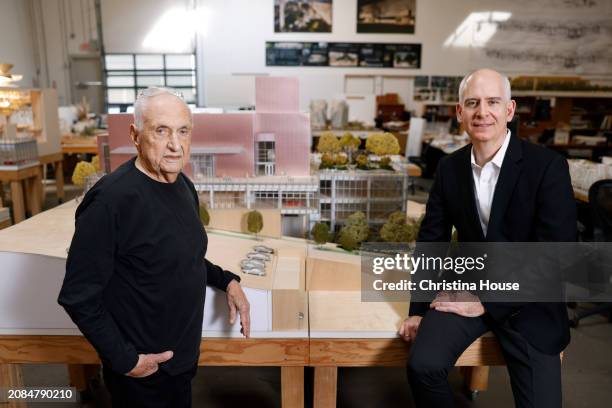 Architect Frank Gehry and president of Colburn School Sel Karden are photographed for Los Angeles Times on February 13, 2024 in Los Angeles,...