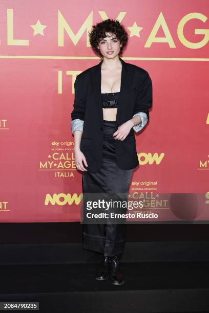Tecla Insolia attends the premiere of the second season of "Call My Agent - Italia" at The Space Cinema Moderno on March 14, 2024 in Rome, Italy.