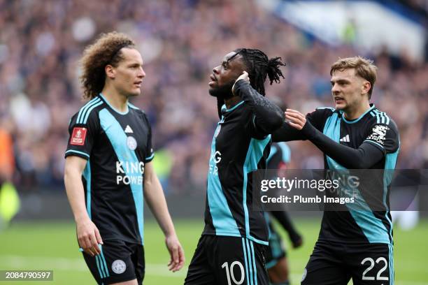 Stephy Mavididi of Leicester City celebrates after scoring to make it 2-2 during the Emirates FA Cup Quarter Final match between Chelsea and...