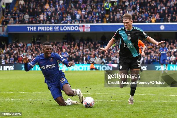 Callum Doyle of Leicester City fouls Nicolas Jackson of Chelsea and is subsequently shown a red card and sent of. During The Emirates FA Cup...