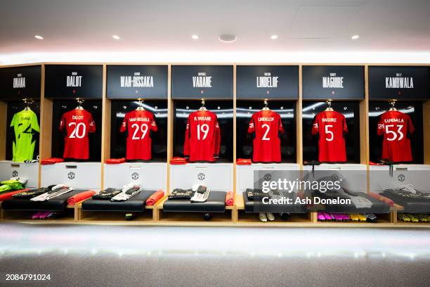 General View of Manchester United kit in the home dressing room prior to the Emirates FA Cup Quarter Final match between Manchester United and...