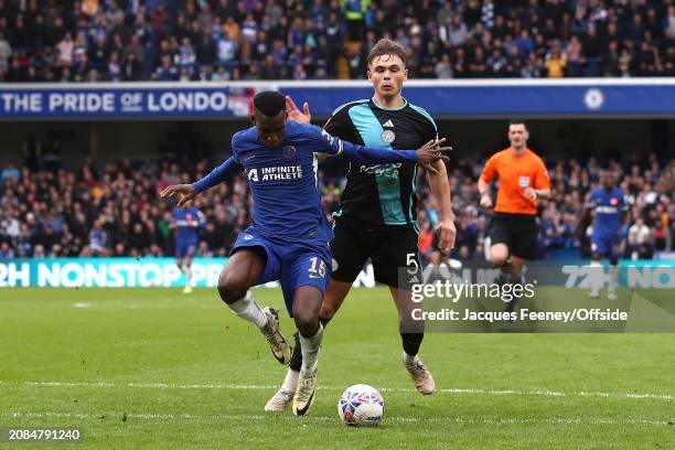 Callum Doyle of Leicester City fouls Nicolas Jackson of Chelsea and is subsequently shown a red card and sent of. During The Emirates FA Cup...