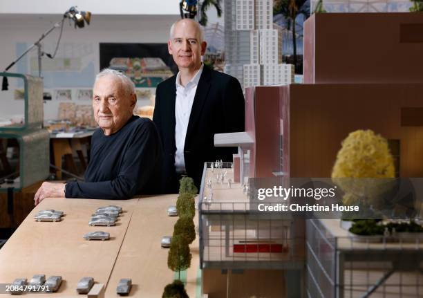 Architect Frank Gehry and president of Colburn School Sel Karden are photographed for Los Angeles Times on February 13, 2024 in Los Angeles,...