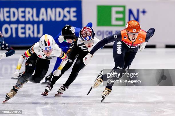 Hanne Desmet of Belgium, Suzanne Schulting of the Netherlands competing in the Women's 1000m Final during Day 3 of the ISU World Short Track Speed...