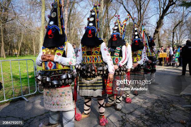 Participants dressed in colorful hand-made costumes and masks attend Mask Festival 'Kukerlandia' in Yambol town of Bulgaria on March 17, 2024....