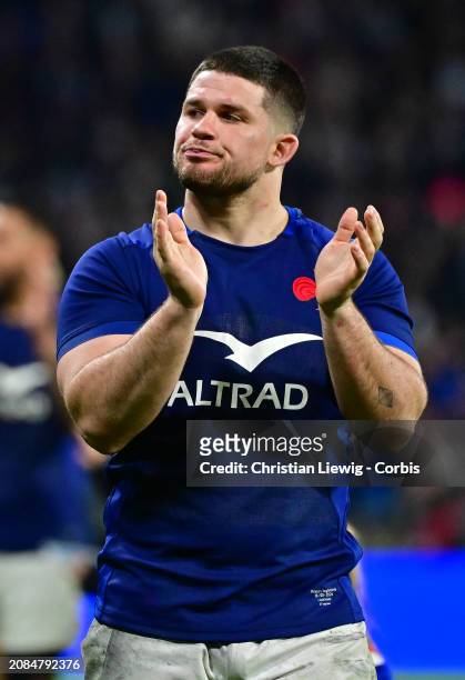 Julien Marchand of France celebrates after their victory during the Guinness Six Nations 2024 match between France and England at on March 16, 2024...