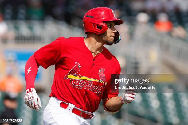 Joshua Baez of the St. Louis Cardinals hits a solo home run in the fifth inning during the 2024 Spring Breakout Game between the Houston Astros and...