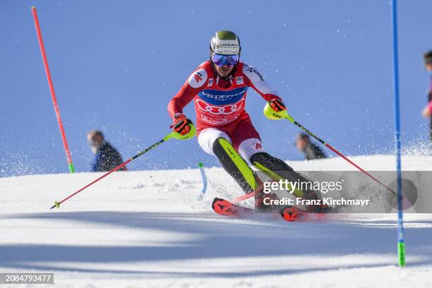 Manuel Feller of Austria competes during the Men's Slalom at Audi FIS Alpine Ski World Cup Finals on March 17, 2024 in Saalbach-Hinterglemm, Austria.