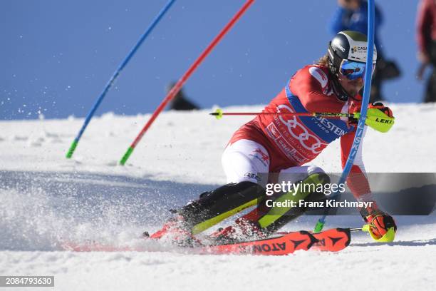 Manuel Feller of Austria competes during the Men's Slalom at Audi FIS Alpine Ski World Cup Finals on March 17, 2024 in Saalbach-Hinterglemm, Austria.