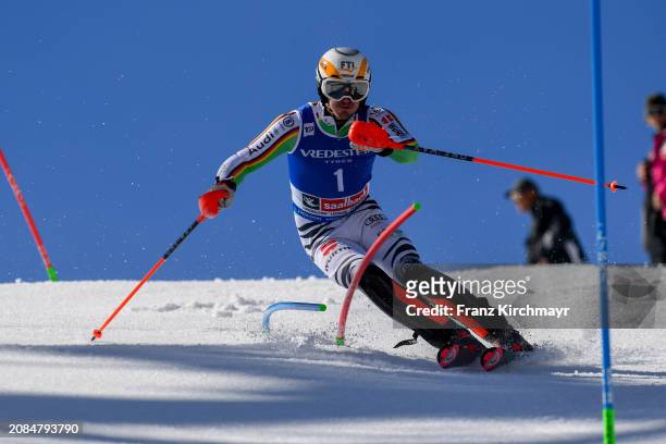 Linus Strasser of Germany competes during the Men's Slalom at Audi FIS Alpine Ski World Cup Finals on March 17, 2024 in Saalbach-Hinterglemm, Austria.