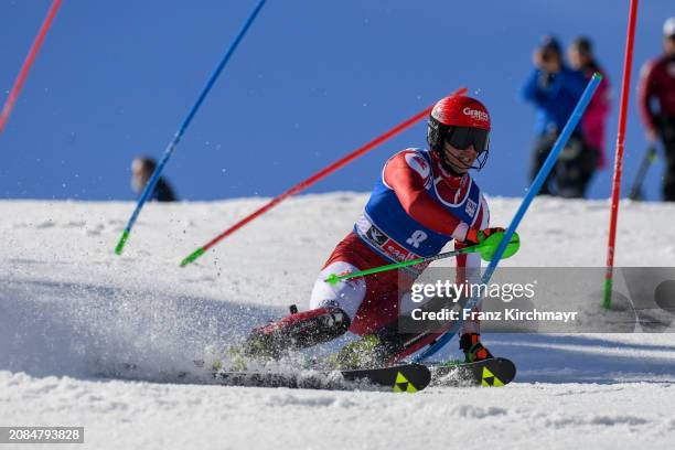 Dominik Raschner of Austria competes during the Men's Slalom at Audi FIS Alpine Ski World Cup Finals on March 17, 2024 in Saalbach-Hinterglemm,...