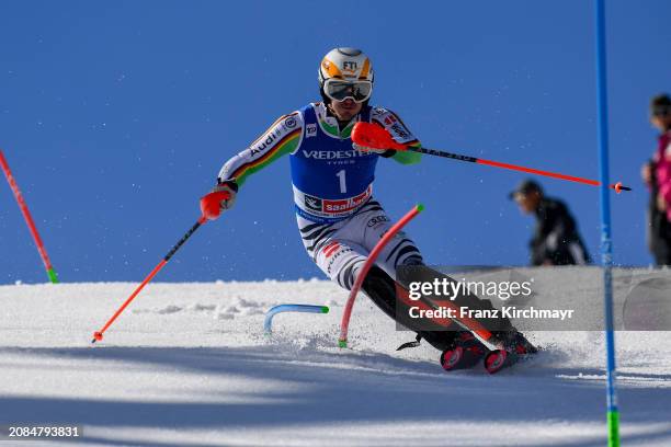 Linus Strasser of Germany competes during the Men's Slalom at Audi FIS Alpine Ski World Cup Finals on March 17, 2024 in Saalbach-Hinterglemm, Austria.