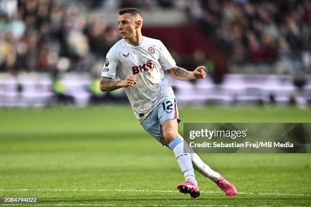 Lucas Digne of Aston Villa during the Premier League match between West Ham United and Aston Villa at London Stadium on March 17, 2024 in London,...