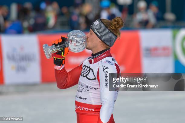 Overall Slalom winner Thea Louise Stjernesund of Norway celebrates at the Men´s Slalom at Audi FIS Alpine Ski World Cup Finals on March 17, 2024 in...