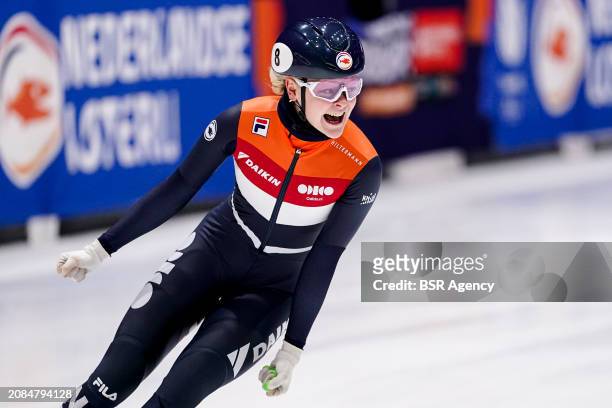 Xandra Velzeboer of The Netherlands celebrating gold after competing in the Women's Relay 2000m Final during Day 3 of the ISU World Short Track Speed...