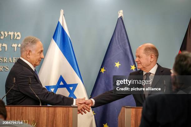 March 2024, Israel, Jerusalén;: German Chancellor Olaf Scholz greets Israeli Prime Minister Benjamin Netanyahu during a joint press conference in...