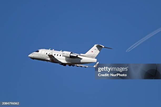 Bombardier Challenger 604 from TAG Aviation Malta is taking off from Barcelona Airport in Barcelona, Spain, on February 29, 2024.