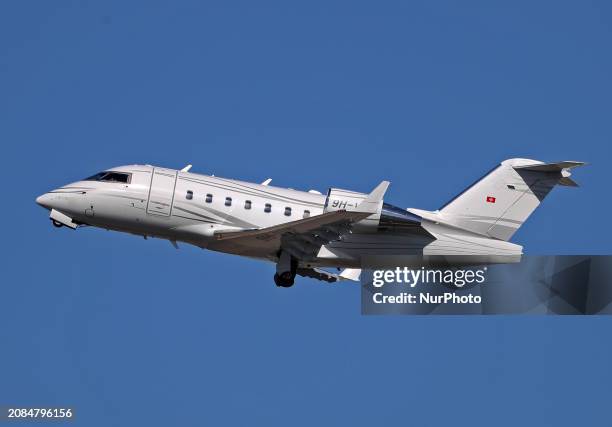 Bombardier Challenger 604 from TAG Aviation Malta is taking off from Barcelona Airport in Barcelona, Spain, on February 29, 2024.