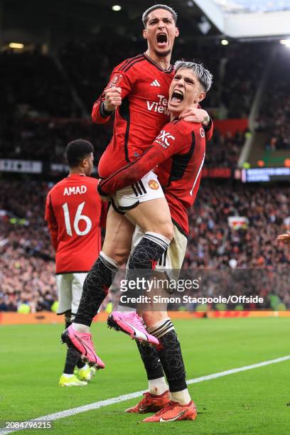 Antony of Manchester United celebrates scoring their 2nd goal with Rasmus Hojlund during the Emirates FA Cup Quarter Final match between Manchester...