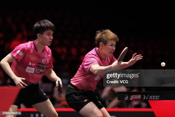 Lin Yun-ju and Chen Szu-Yu of Chinese Taiwan compete in the Mixed Doubles Semifinal match against Sun Yingsha and Wang Chuqin of China on day four of...