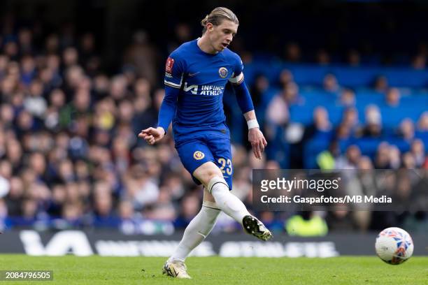 Conor Gallagher of Chelsea passes the ball during the Emirates FA Cup Quarter Final between Chelsea FC v Leicester City at Stamford Bridge on March...