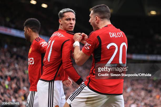 Antony of Manchester United celebrates scoring their 2nd goal with Diogo Dalot during the Emirates FA Cup Quarter Final match between Manchester...