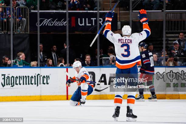 Bo Horvat of the New York Islanders celebrates after scoring a goal against the New York Rangers in the first period at Madison Square Garden on...